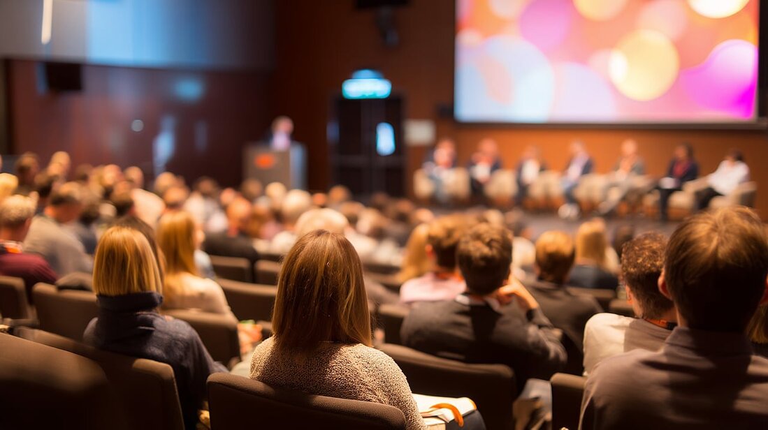 Evento corporativo con presentador en escenario y público atento